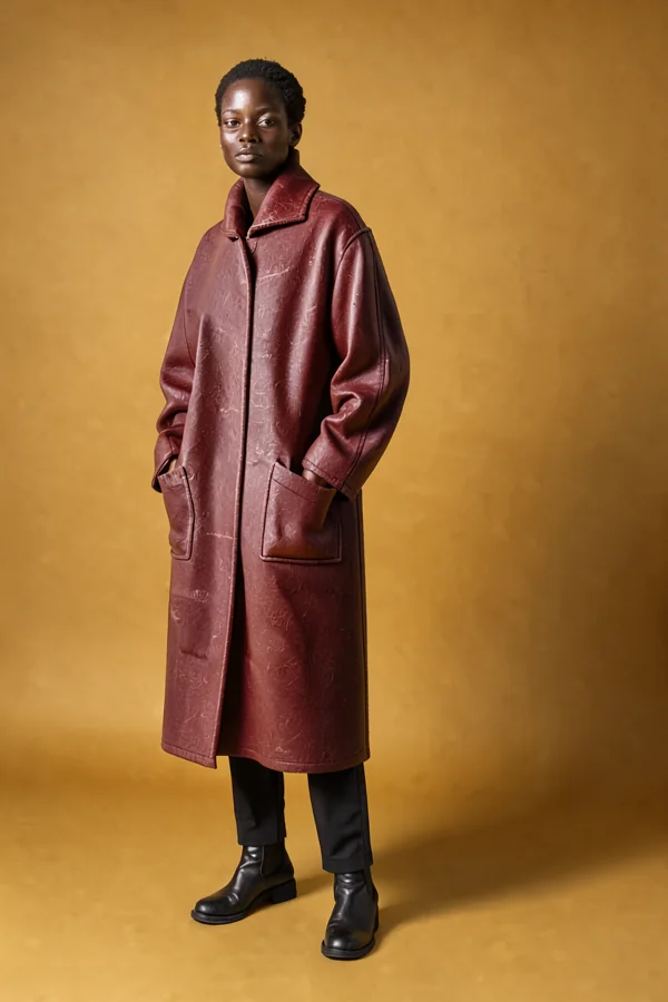 Official demo sample: fashion portrait against a red seamless studio background
